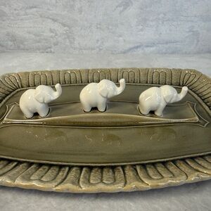 California Pottery White Elephants Olive Green Platter Tray Dish MCM Centerpiece